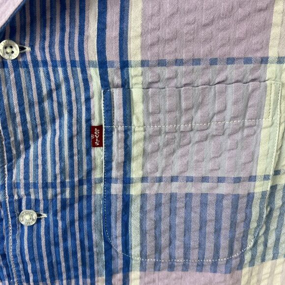 Levis Mens Purple‎ Blue Plaid Seersucker Short Sleeve Button Up Shirt Large - Picture 3 of 5